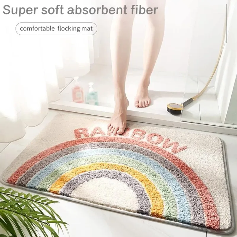 Rainbow Absorbent Bathroom Mat Non-Slip Bath Rug Microfiber Fleece Doormat Bathtub Side Carpet Balcony Floor Mats Foot Pad