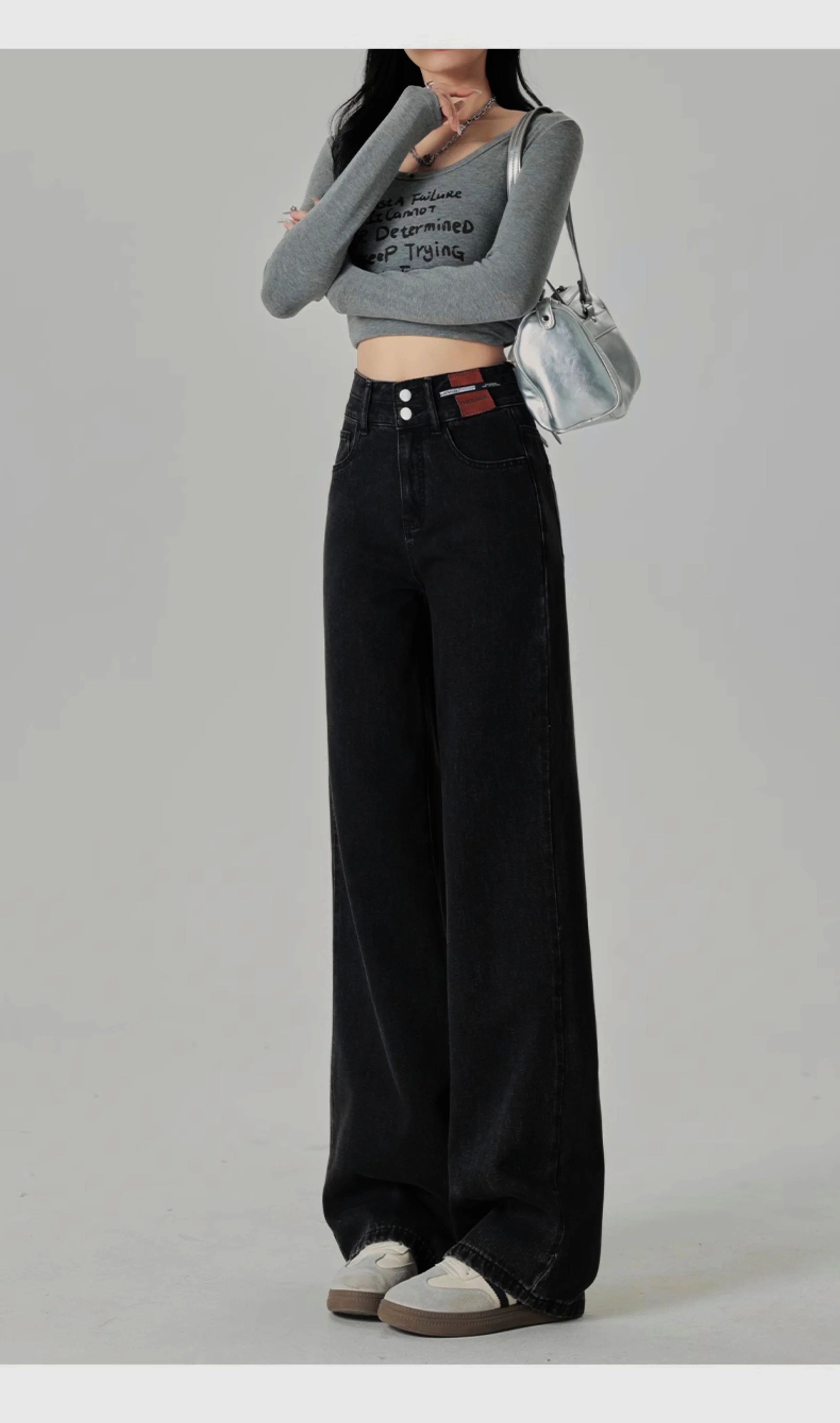 Schmal geschnittene Damenjeans mit weitem Bein, hoher Taille und hängendem Gefühl, gerades Bein, lässiger Look, schmale Hose in Kontrastfarben – Detail 11