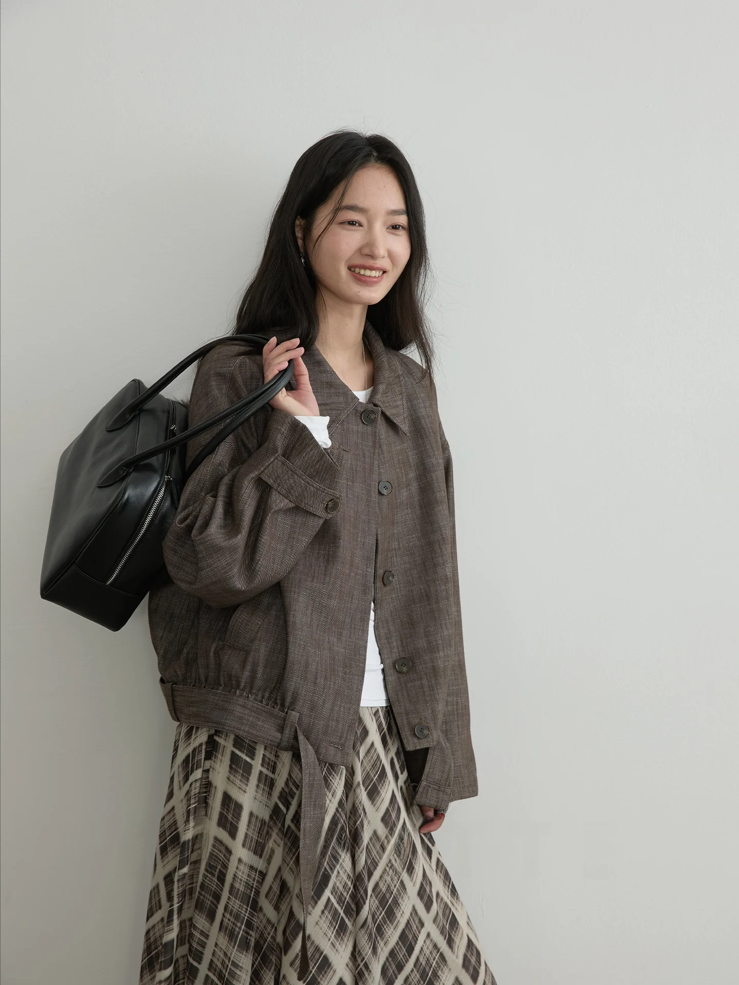 

CLIPETTE Linen Cotton Texture Collar Casual Loose Waist Belted Short Jacket Outerwear Women Spring Season Polyester Fiber