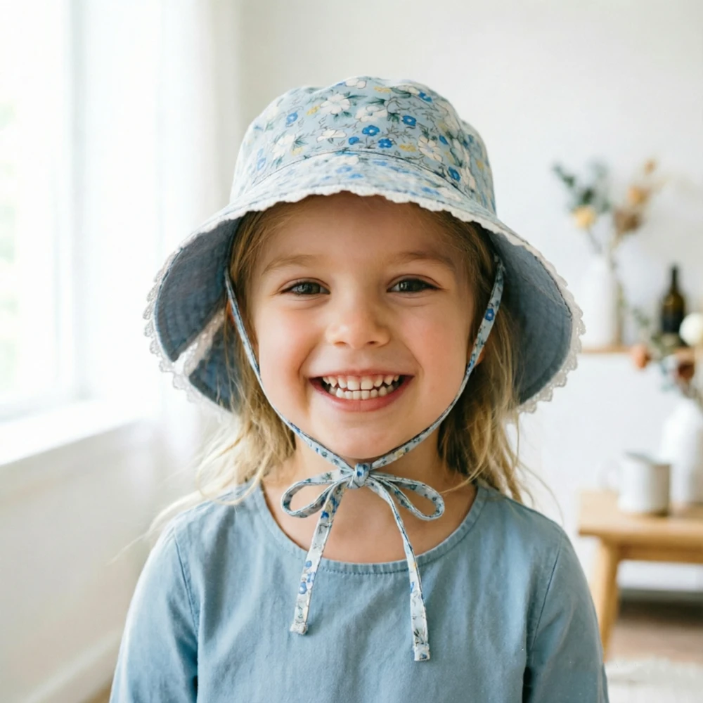 Girls Reversible Floral Bucket Hat with Lace Trim for Toddler Cotton Sun Protection Vocation Outdoor Photo Prop Adjustable Strap