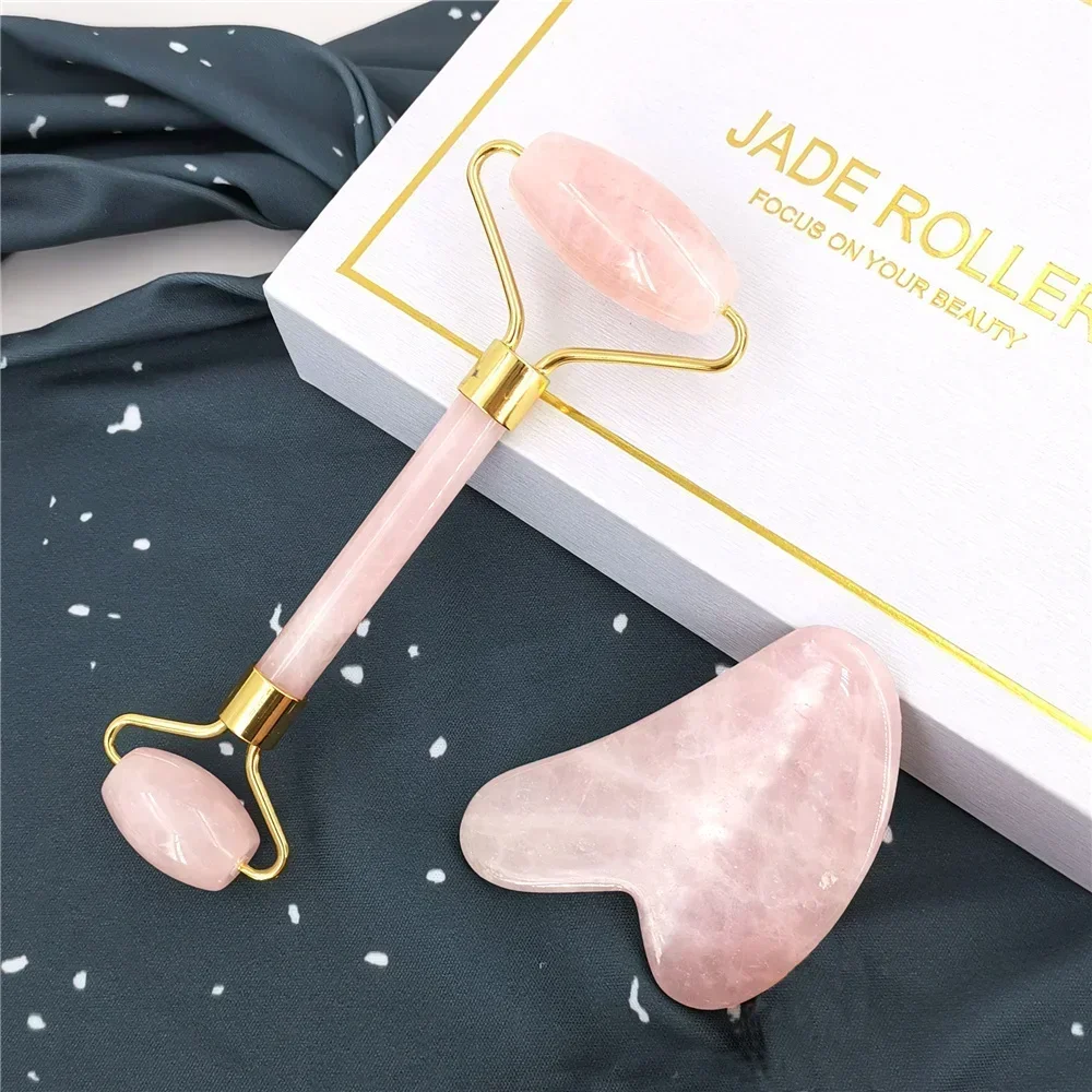 Rodillo de Jade de cuarzo rosa Natural, conjunto Gua Sha, rodillo masajeador corporal Facial, juego de masaje de piedra de Jade, herramienta de masaje de belleza para estiramiento Facial