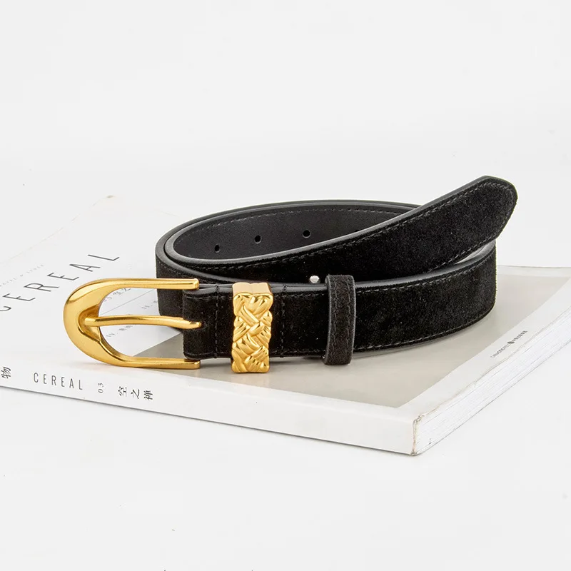 Casual suede cowhide belt for women, retro genuine leather decorated jeans, suit, versatile commuting belt for women, trendy