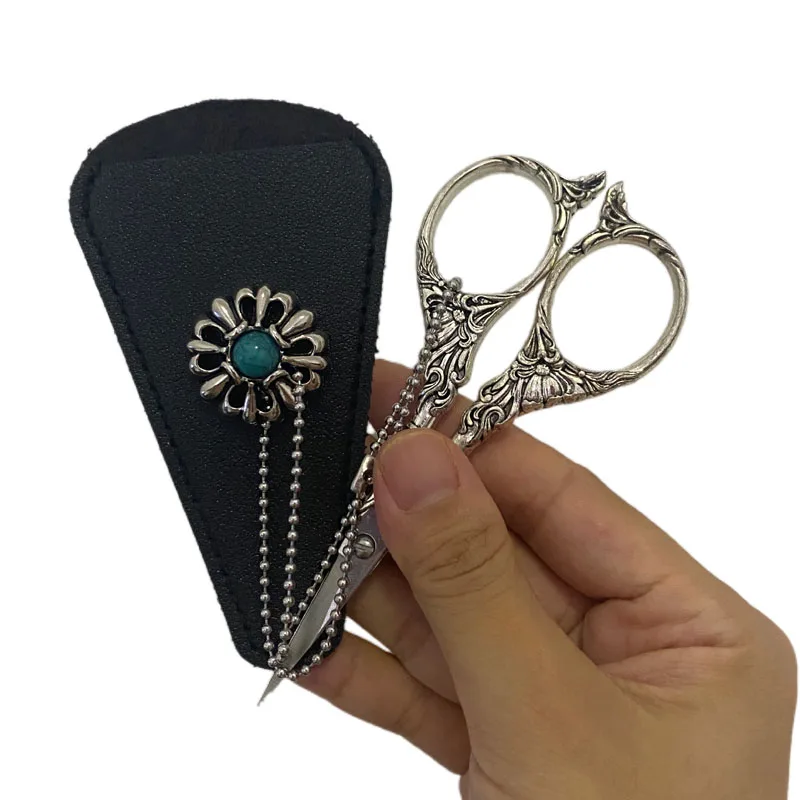 Sewing Embroidery Scissors with Chain Artificial Leather Cover Stainless Steel Flower Pattern Vintage Small Sewing Scissors DIY