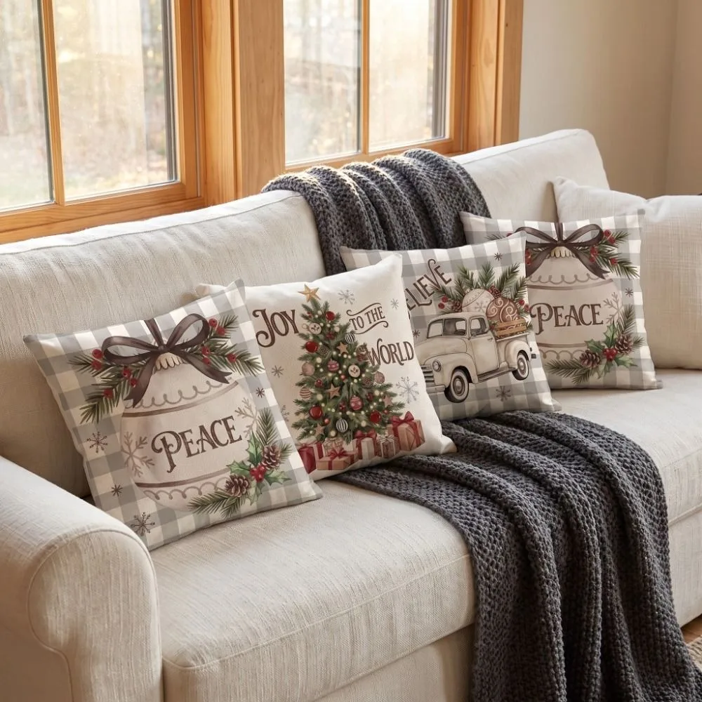 Cute 2D Flat Printing Christmas Pillow Covers Soft Flower Xmas Tree Pillowslip Ball Plaid Snowman Pillow Cover Car