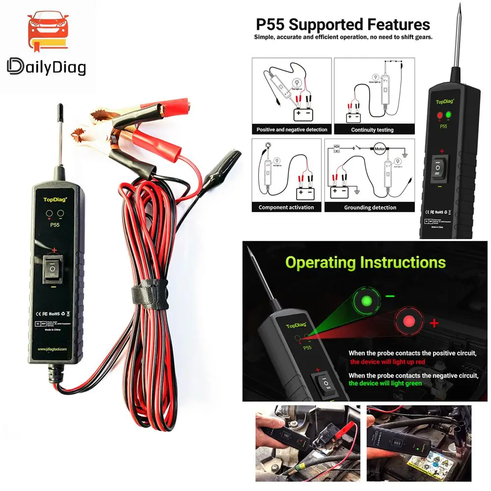 

Topdiag P55 Automotive Electrical Circuit Tester Auto Power Probe Tester 12V 24V Test Light Polarity Pen Car Diagnostic Tool