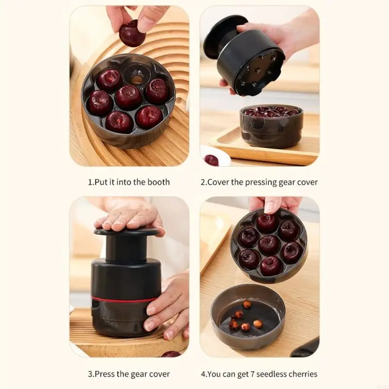 Small-Size Fruit Pitter for Baking Tasks, Manual 7 Slot Press Tool with ABS and Body, Metal Prongs, Drawer Storage, and Counter