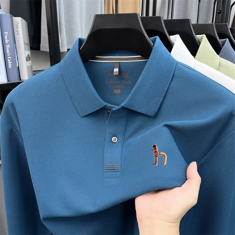 Men 100% Cotton Polo Shirt Long Sleeve Embroidered Logo Pique Knit Breathable Soft Premium Quality Casual Business Autumn Winter