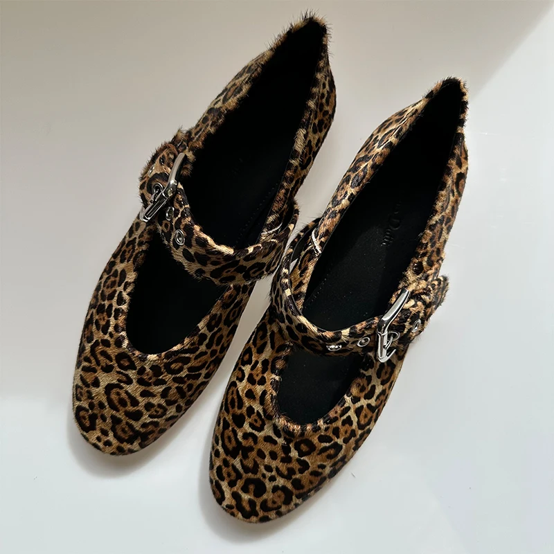 Women's Flat Shoes Round Toe Leopard Print Casual Genuine leather Shoes Ladies Breathable Slip-on Leopard Mary Jane Shoes 2024