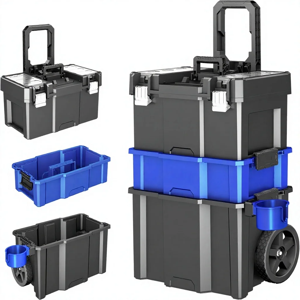 3-Tier Rolling Plastic Tool Box Wheels Stackable Design Removable Cup Holder Foldable Handle-Portable Garage/Workshop Storage
