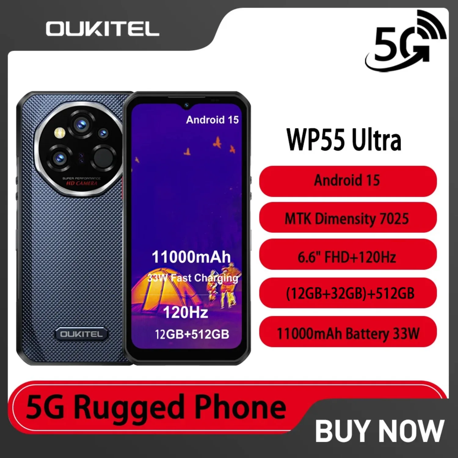 OUKITEL WP55 Ultra 5G Rugged Smartphone Android 15 Thermal Imaging Dimensity7025 44GB+512GB 11000mAh 108MP 6.6“ NFC Mobile Phone