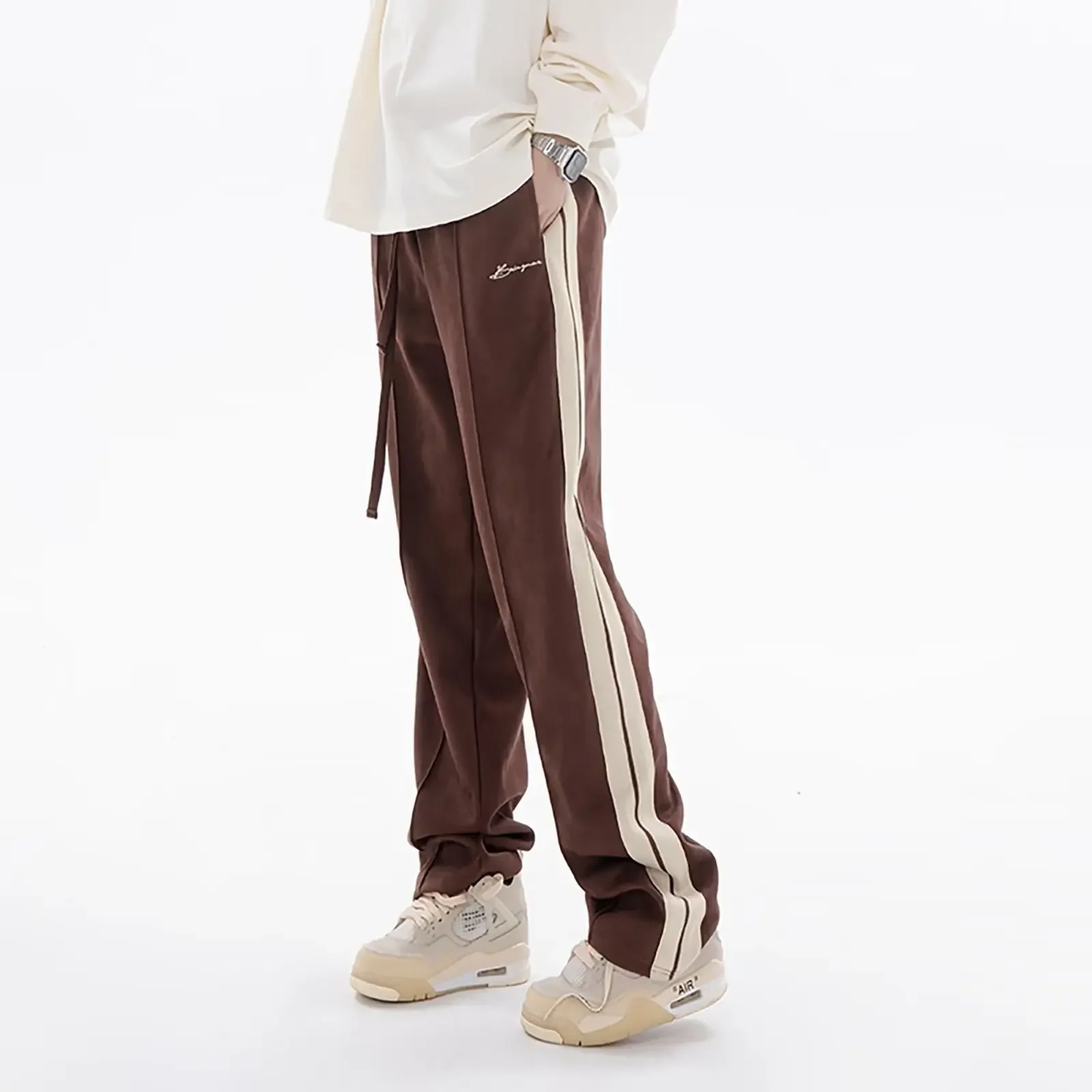 2027 Vintage Side Stripe Sweatpants Drawstring Loose Fit Straight Leg Casual Long Pants Men Autumn Lazy Feeling