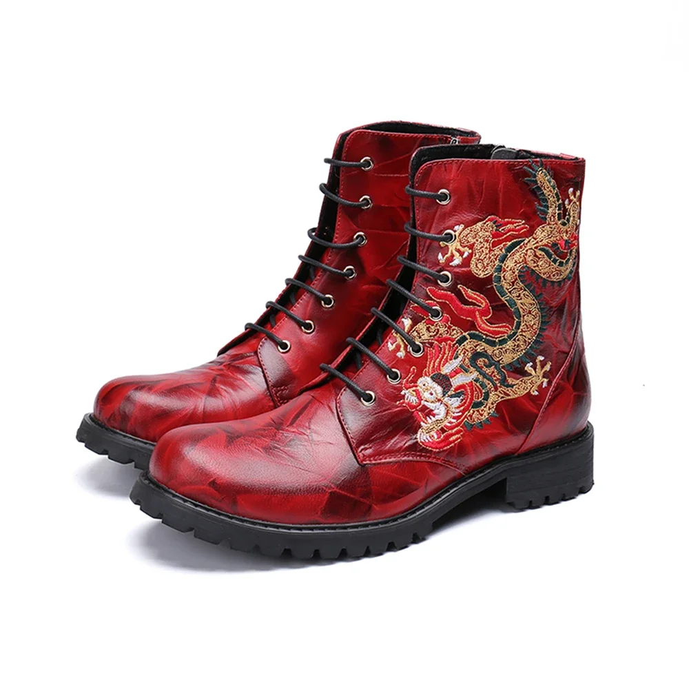 

Red Dragon Embroider Lace Up Genuine Leather High Heels Round Toe Boots Male Plus Size Wedding Party Cowboy Men Dress Shoes