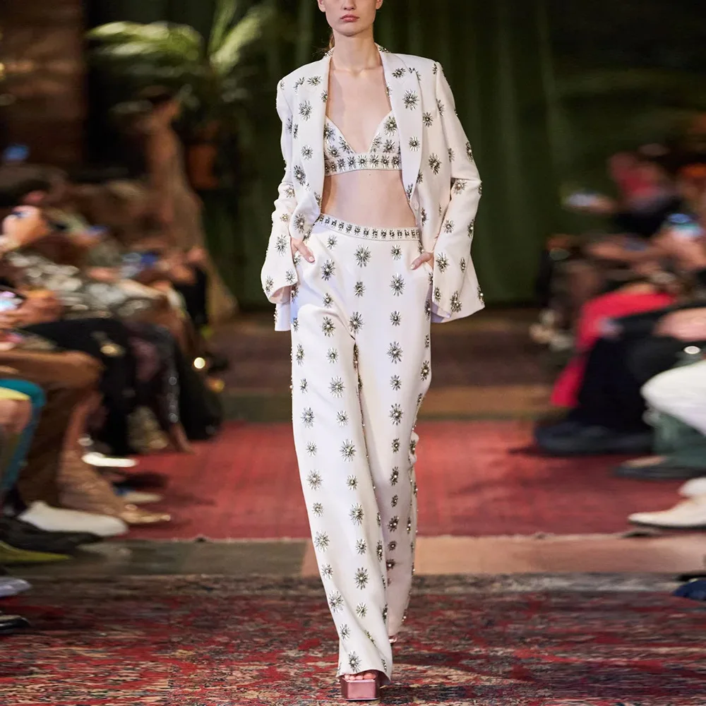 HIGH STREET Newest Fashion 2026 Designer Runway Suit Set Women's Stunning Beaded Inlaid Diamonds Pants Suit 2pcs Set