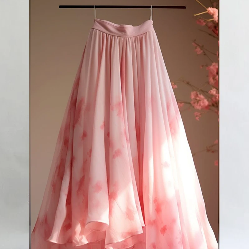 Summer New Solid Color Fashion Pink A-line Skirt Women High Street Sweet Lolita High Waist Zipper Chic Asymmetrical Big Skirt