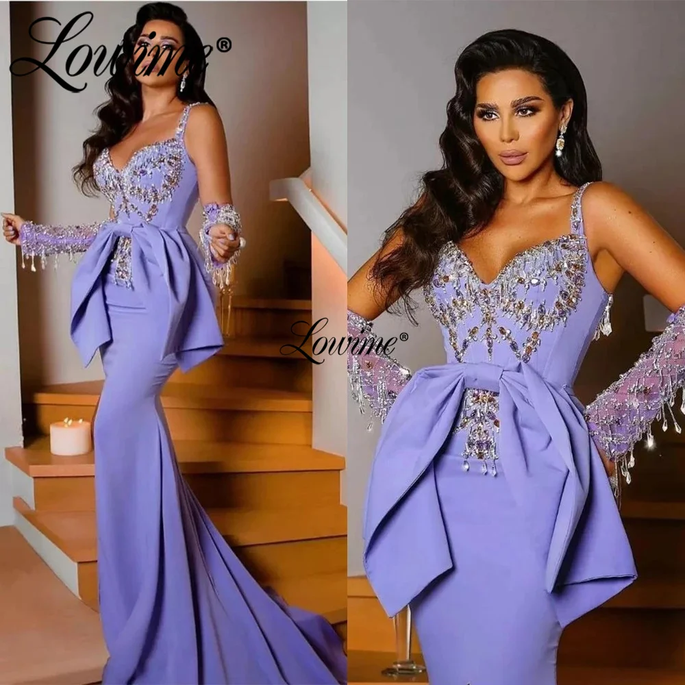 Lowime lavanda sparkly vestido de noite tassel beading senhoras vestidos de festa com luvas cristal personalizar sereia vestido de baile vestidos