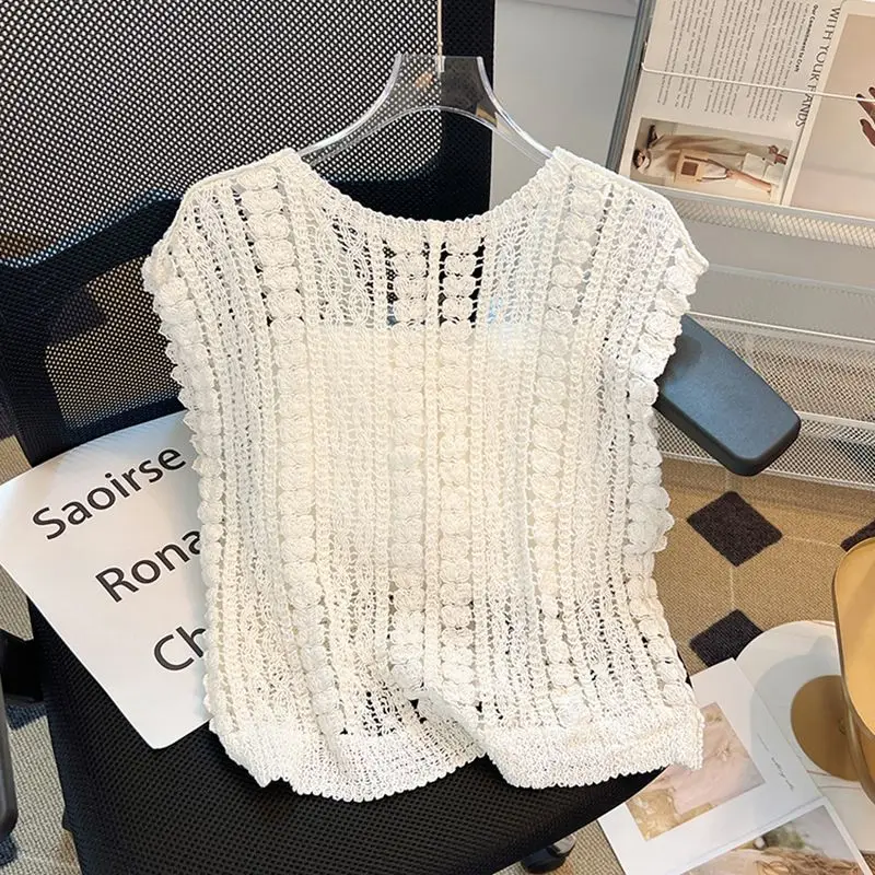 Sweet Hollow Hook Flower V-neck Knitted Sweater Top Women's Summer Design Vest Sleeveless Tank Top