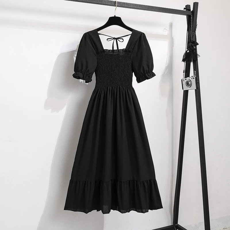 A Line Chiffon Short Sleeve Pleated Casual Outfit for Women - Black