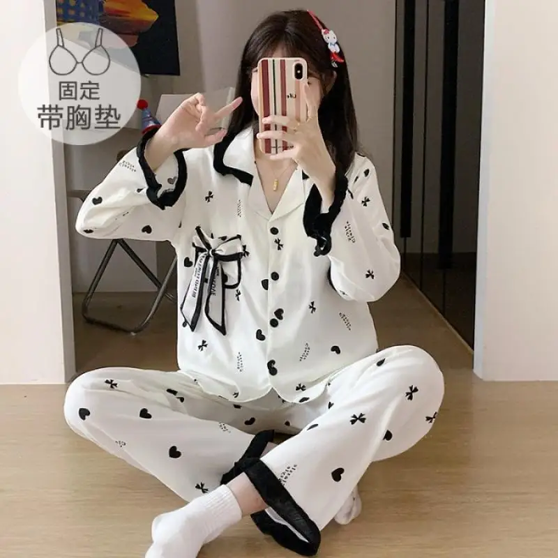 Women's Long Sleeved Long Pant Pajama Set for Girls In Spring Autumn New Sweet Cardigan Home Clothe for Women Soft Two-Piece Set 2