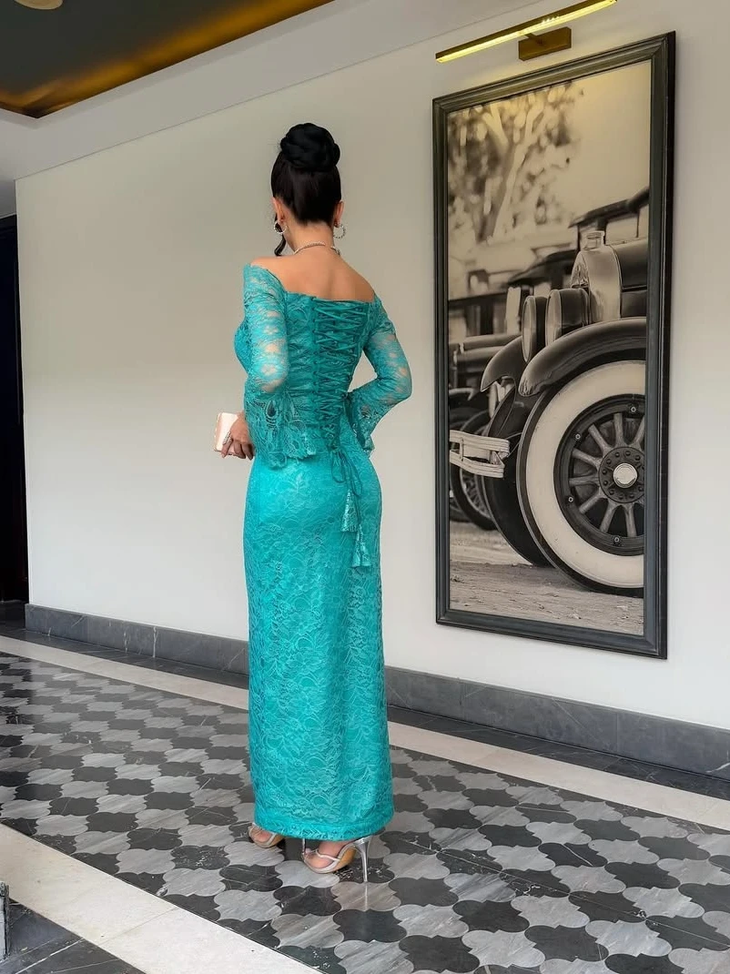 Oisslec 댄스 파티 드레스 우아한 빈티지 스위트 블루 레이스 보트 넥 리본 맞춤형 공식 행사 댄스 파티 드레스 저녁 파티 가운