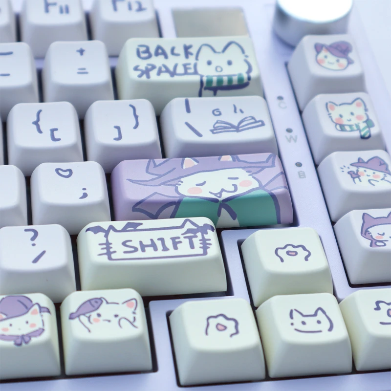 Imagem -06 - Teclado de Tema Roxo Moa Cherry Keycaps Magic Cat Pbt Cinco Lados Sublimação Térmica Teclado Mecânico 131 Chaves 150 Chaves