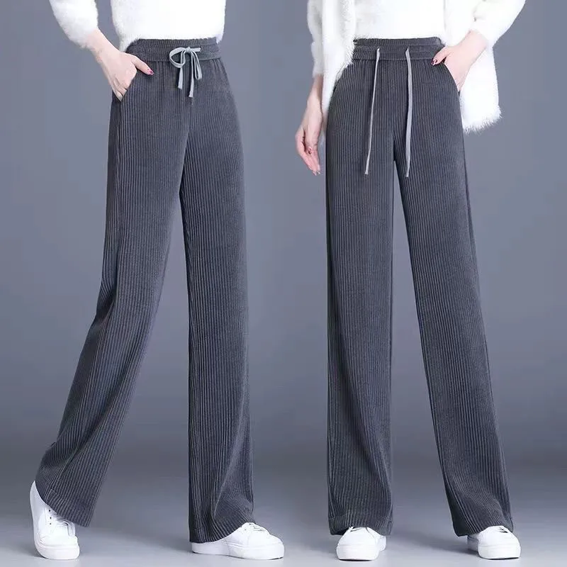 Corduroy Wide-leg Pants Women Spring Autumn High-Waist Drape Female Trousers Straight Loose Pants Temperament W75