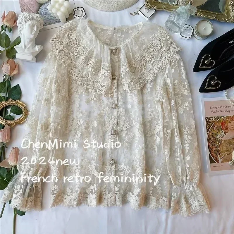 Vintage Lace Embroidery Organza Pearl Collar Long Puff Sleeve Shirt Female Retro Chic Cottage Hollow Out Eyelet Victorian Blouse