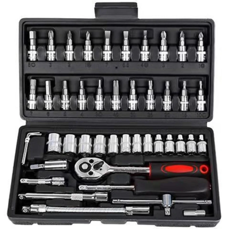 46PCS Combination Hardware & Auto Repair Tool Kit, Ratchet Wrench and Screwdriver Bits Set