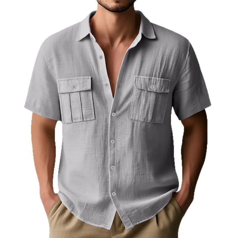 قميص صيفي للرجال من الكتان بأكمام قصيرة وجيب مزدوج على طراز ملابس العمل قميص غير رسمي يسمح بمرور الهواء من القطن والكتان لقضاء العطلات على الشاطئ #6