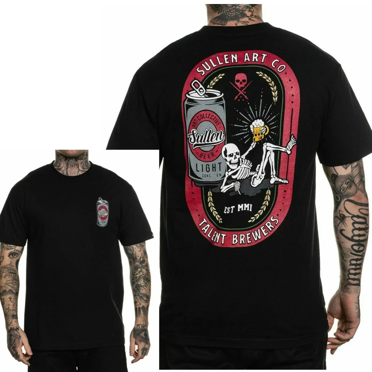 Camiseta Sullen para hombre TALENT BREWERS Jet Black Tattoo Skull, calidad premium, estilo unisex de lujo de alta gama, tanto para hombres como para mujeres