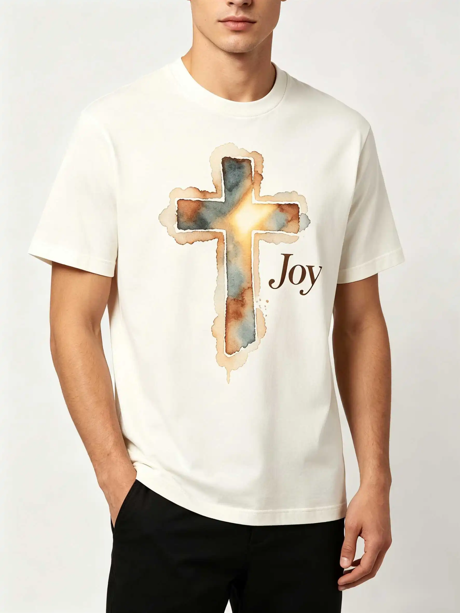 Summer Natural Cotton Watercolor Cross Joy Tee US Local Shipping Quiet Luxury Faith Gift S-5XL