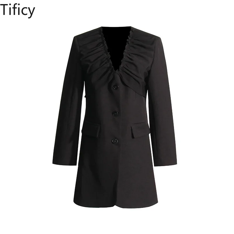 TIFICY 2024 spring new temperament commuter wind pleated V-neck design feels waist slim long sleeve suit jacket suit.