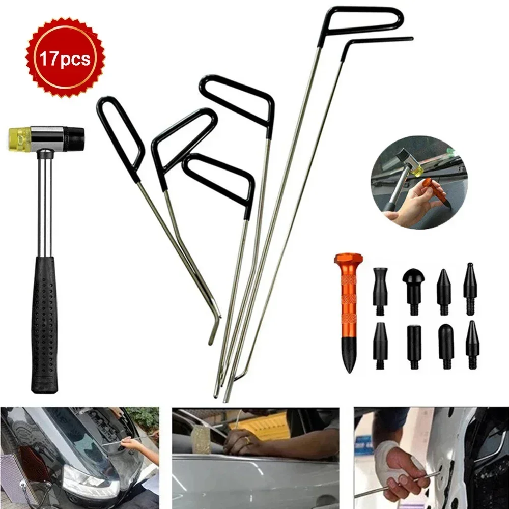 Auto Body Dent Removal Rods Hook Tool Push Rod Car Crowbar Paint Repair Tools Kits 17Pcs Automotive Ding Hail Puller Set