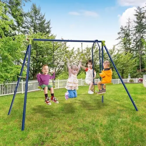 Swing Sets for Backyard, 4-in-1 Heavy Duty Large Metal Swing Fe w/2 Adjustable Swings, Slide, Basketball Hoop, Play
