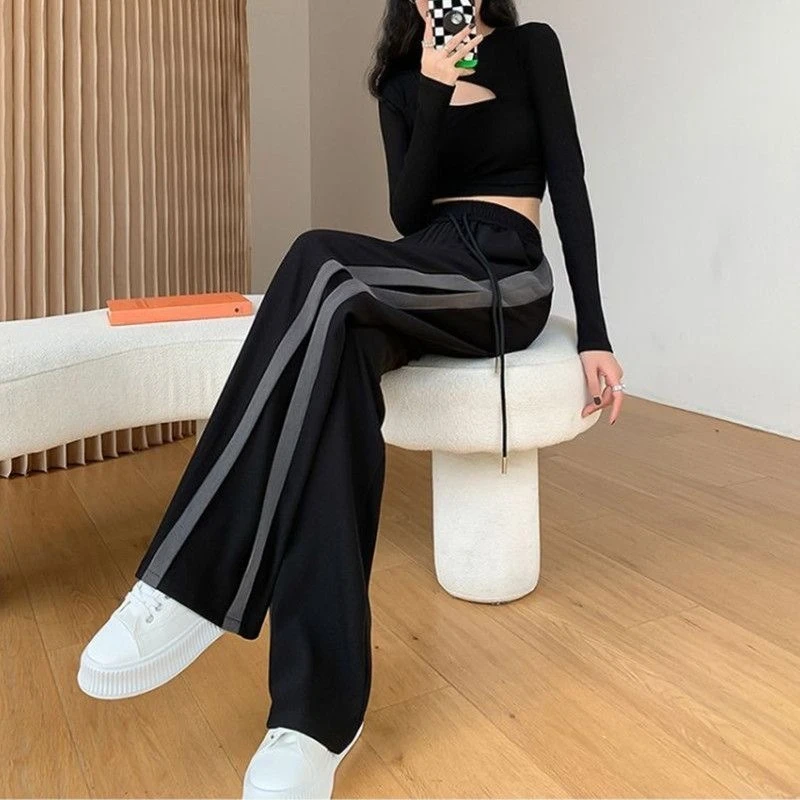 Women Wide Leg Pants Summer Ice Silk High Waist Color Block Twill Loose Floor Length Trousers Casual Elegant Streetwear