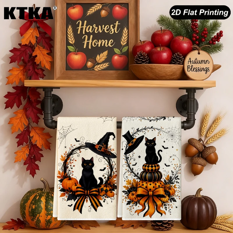 2Pcs Halloween Black Cat Pumpkin Kitchen Towels Absorbent Cleaning Cloth Winter Home Goods Christmas Gift Decor