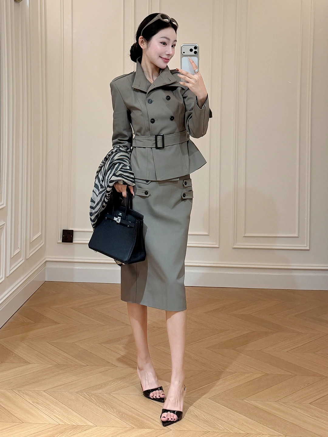 Women's Autumn 2026 Double-Breasted Waist-Cinching Coat And Skirt Set Commute Fashion Casual Loose Fit Mid-Length Coat