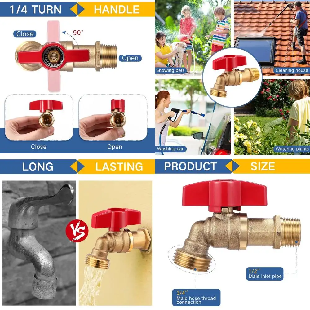

Heavy Duty 1/2 MIP x 3/4 MHT Outdoor Brass Hose Faucet with 1/4 Turn Shut-Off Valve for Garden and Patio Use (Red)