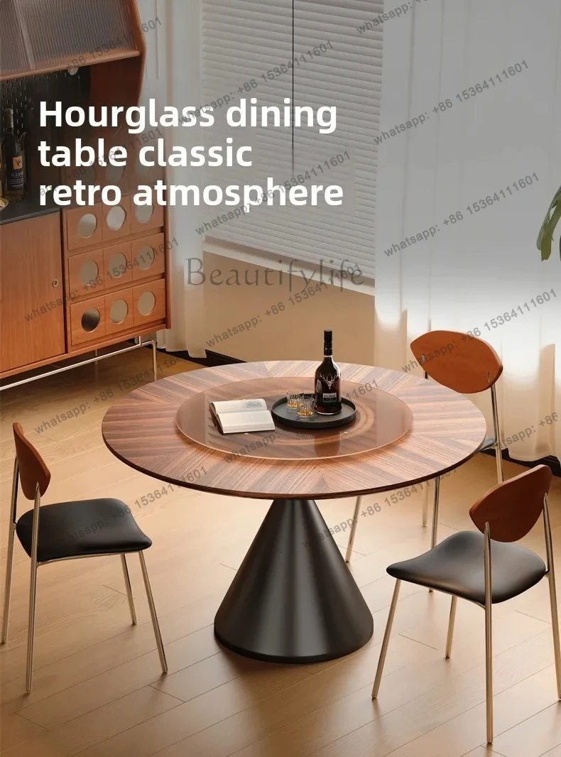 Vintage Style Home Dining Table Solid Wood Round Hourglass Dining Table and Chair Set