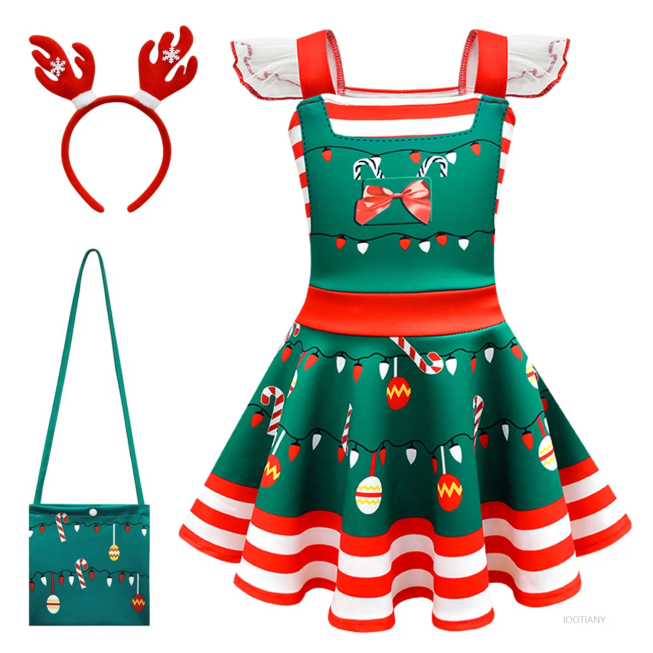 Abito natalizio per ragazze girocollo elfo verde costume da gioco di ruolo per bambini modello retrò abito senza maniche festa di compleanno di carnevale