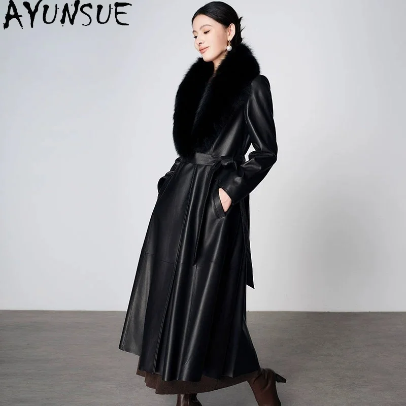 AYUNSUE Genuine Leather Jacket Women Long Sheepskin Trench Coat Woman 2026 Winter Down Jackets Warm Fox Fur Collar Detachable