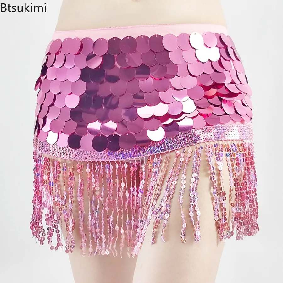 2025 Pailletten-Bauchtanz-Kostüm für Damen, Taillenschal, sexy Chiffon-Rock, Pailletten, Taillenkette, Quastengürtel, Clubwear, Damenrock