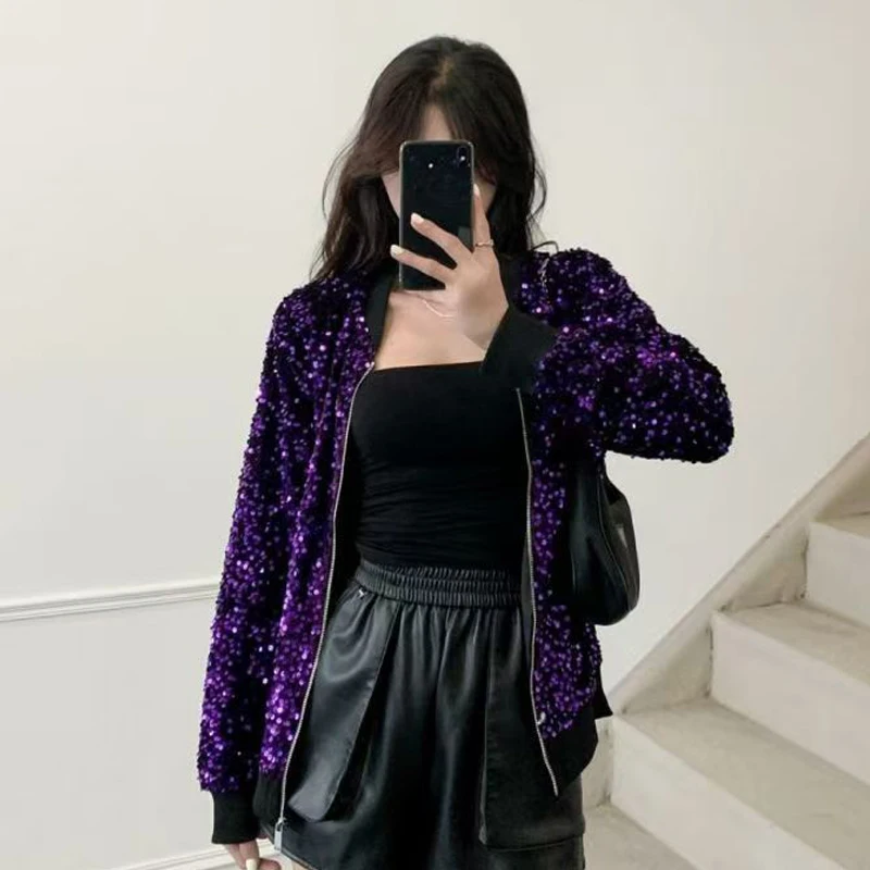 Damen Schwarze Pailletten-Bomberjacke Funkelnde Strass-Kurzjacke Glitzer-Blazer für Party Ausgehen Schicke Clubwear-Jacke Oberteile – Detail 9
