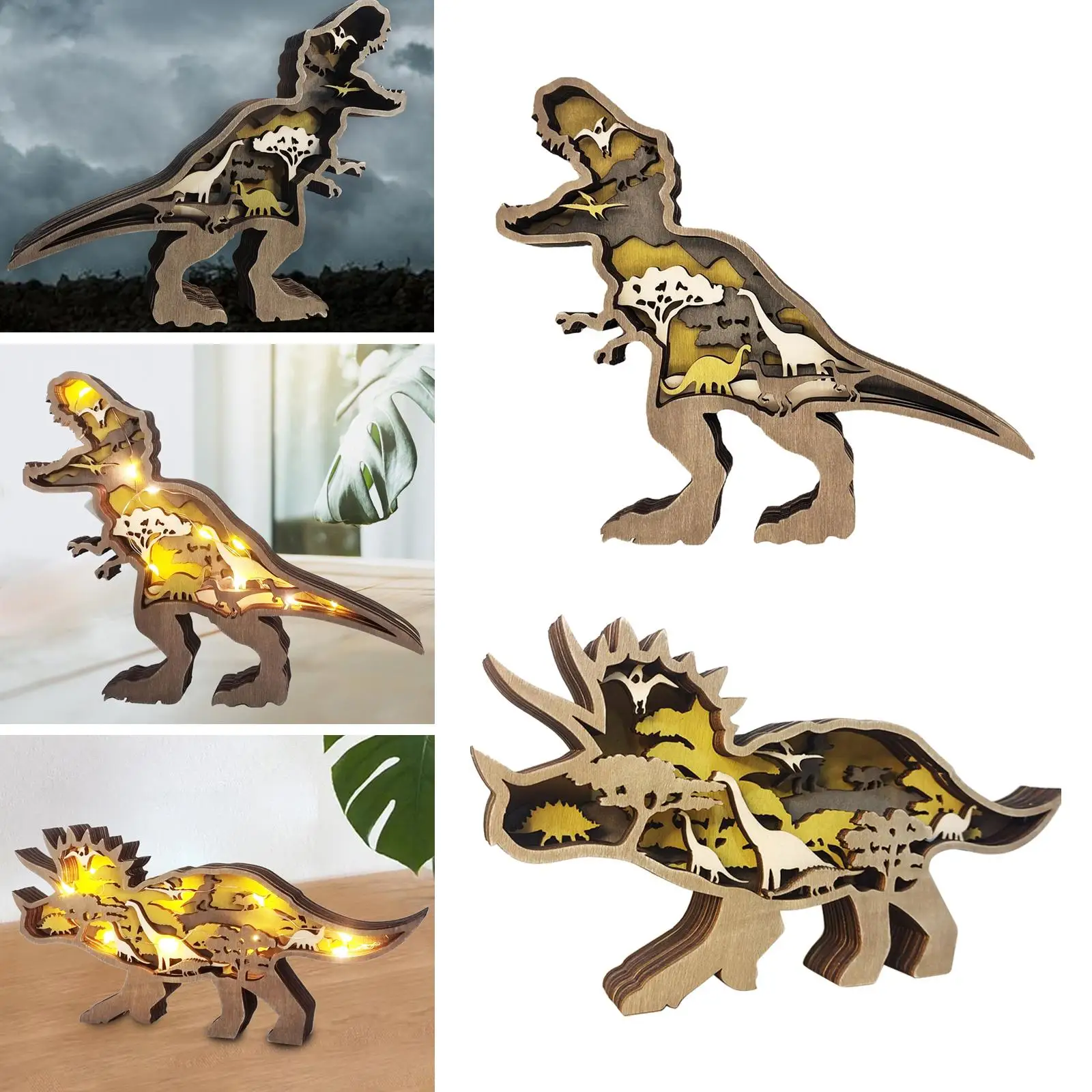 Wooden Hollowed Dinosaurs Nightlight Kids Room Office Ornament with Lamp