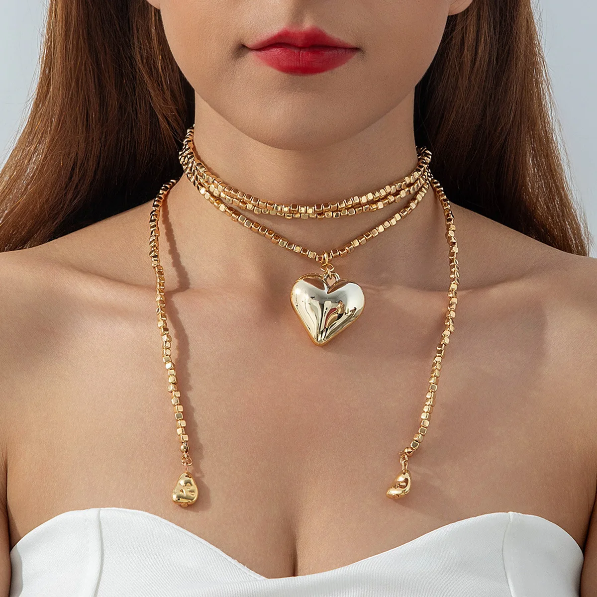 Metal Irregular Tiny Beads Heart Pendant Stackable Necklace Women Fashion Multi-wearing Style Long Choker Jewelry
