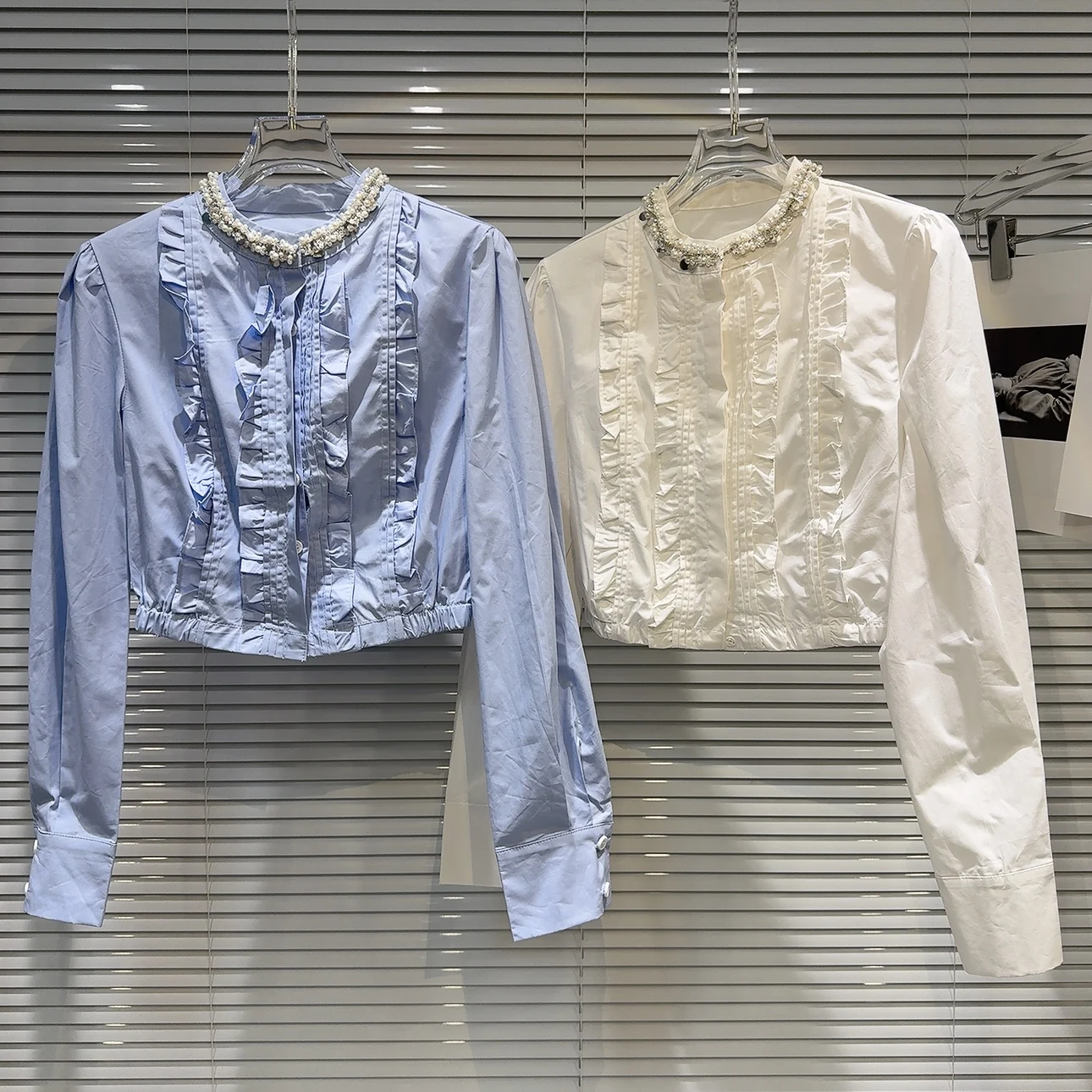 

Sweet Pearl Embellied Collar irt Wood ain Design Fragile Sle Women's irt French Sle Straight Cut Long Sve