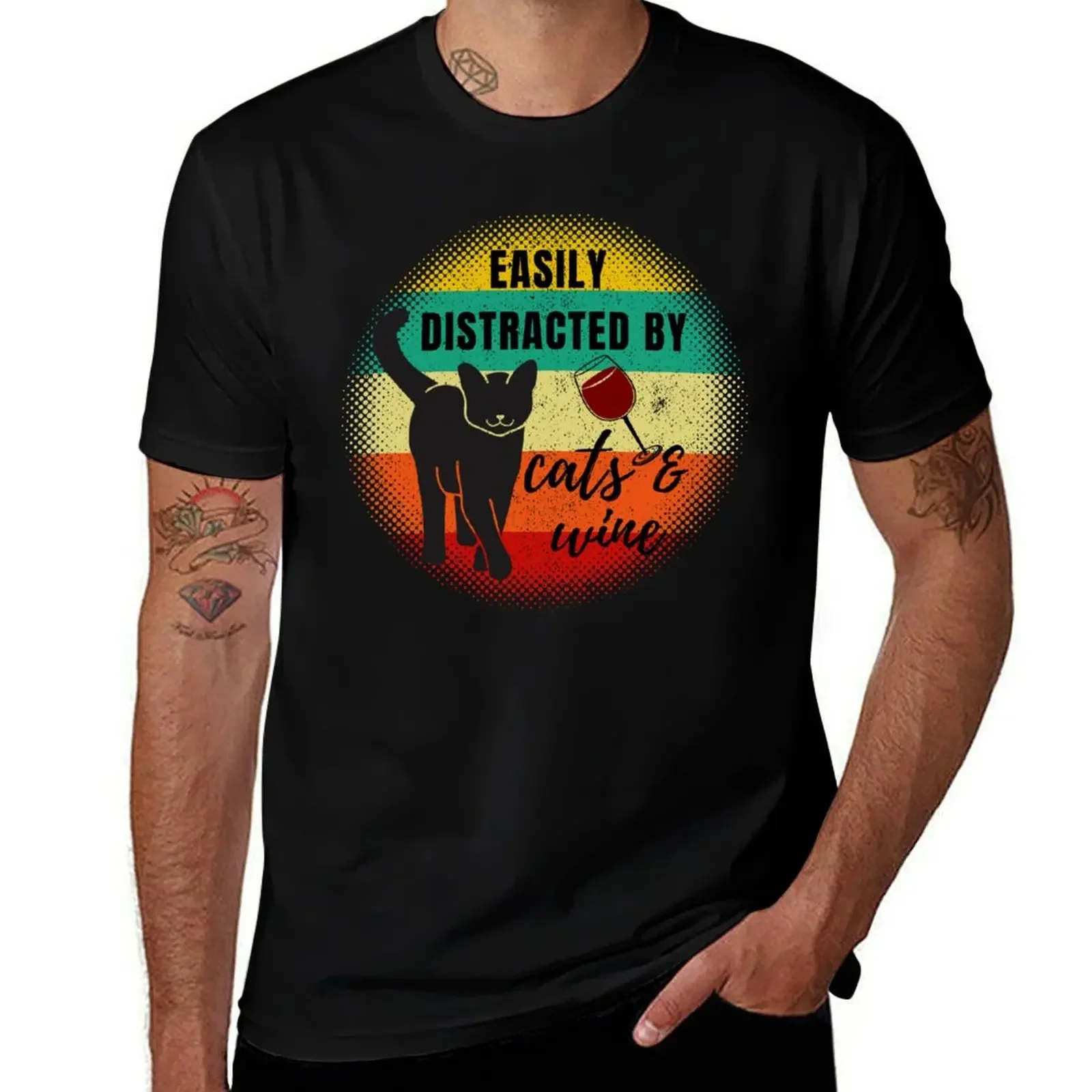 Easily Distracted by Cats and Wine Retro Sunset Black Cat and Wine Glass T-Shirt Clothing men clothing