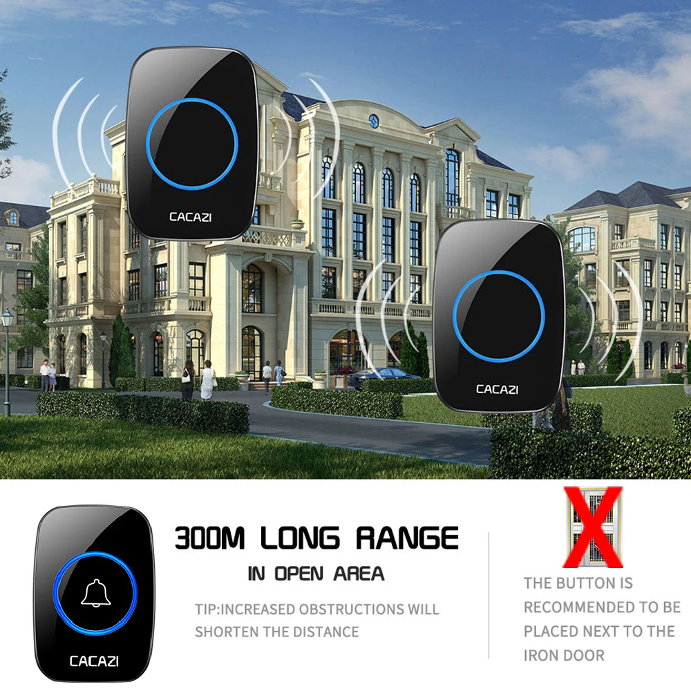 CACAZI Wireless Waterproof Doorbell 300M Range US EU UK Plug 3 Button 1 2 3 Receiver Home Smart Door Bell 60 chimes 0-110db