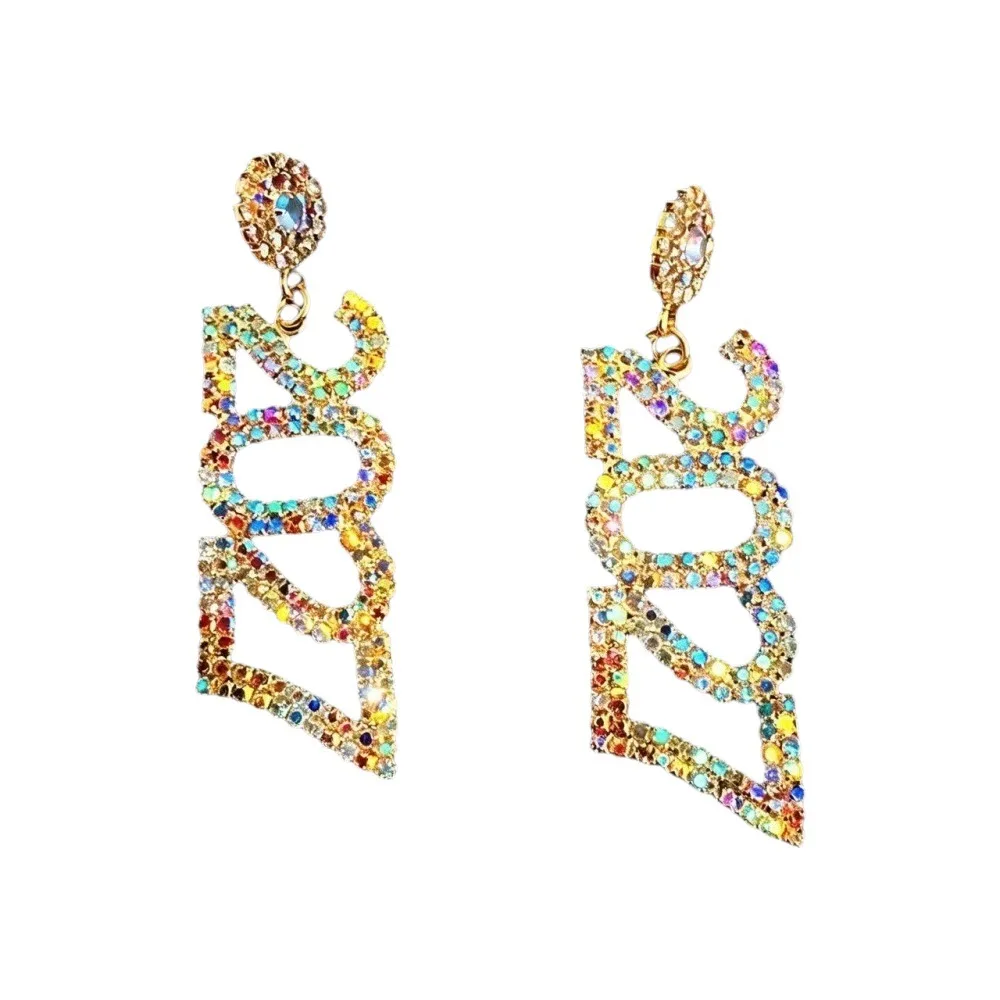Trendy Elegant 2027 Digital Earrings Rhinestone Long Drop New Year Earrings Fashion Shiny Long Drop Earring Wedding