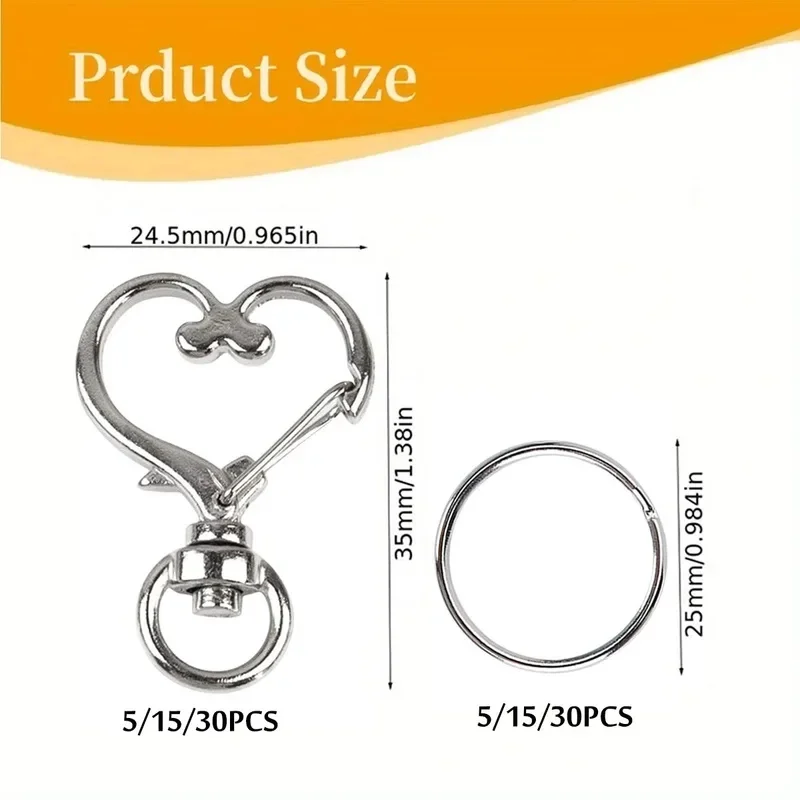 Heart Shaped Swivel Snap Hooks with Key Ring, 10 Set