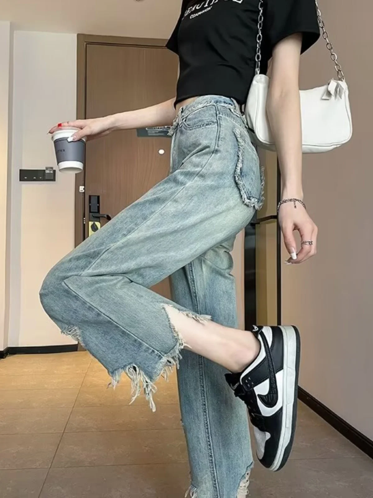 

Джинсы женские с высокой талией, прямые, весна-осень, с рваным краем, свободные, джинсы-брюки длиной до щиколотки, модные, больших размеров